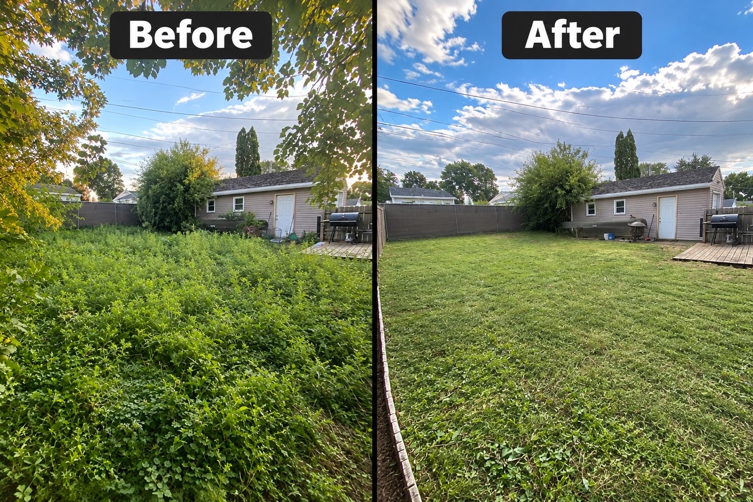 Before and after of a full backyard lawn cleanup in Dubuque